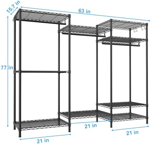 Ulif E13 Heavy Duty Clothes Rack（With 4 Hanger Rods & 8 Shelves） Freestanding Clothing Racks for Hanging Clothes，Adjustable Closet Organizer，Metal Garment Rack 63" W x16 D x77 H，Max Load 900LBS，Black - Image 2