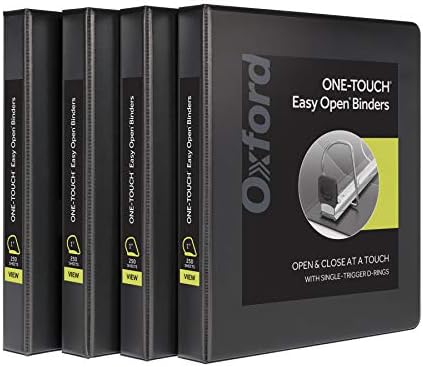 Oxford 3 Ring Binders, 1 inch ONE-Touch Easy Open D Rings, Durable Binders for School and Office, ClearVue, Xtralife Hinge, Non-Stick, PVC-Free, Black, Holds 250 Sheets, 4 PK (79903) by Oxford