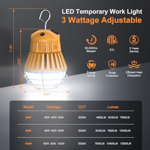 100W 80W 60W LED Temporary Work Light, Portable Hanging Construction Light - Image 2