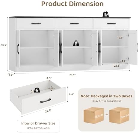 HOSTACK 71" W Kitchen Sideboard Buffet Cabinet with Storage, White/Black - Image 3