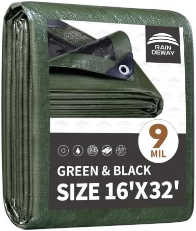 RAINDEWAY 16x32 Feet Tarp Waterproof,9Mil Green/Black Poly Tarps Cover by RAINDEWAY