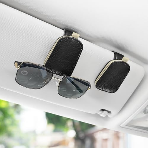SINGARO Sunglasses Holder for Car, Leather Magnetic Buckle Sun Visor Sunglass Clip, Ticket Card Storage Glasses Clip, Car Interior Accessories for Men and Women（2PCS Black-Beige） - Image 2