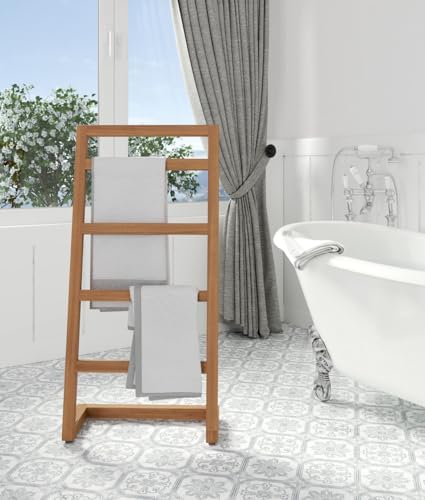 AquaTeak Patented 44"" Sula Teak Free Standing Towel Rack - 4-Rung Angled Hand Towel Holder for Bathroom - Durable Water Resistant Shower Organizer & Drying Rack, Non-Slip Rubber Feet - Image 2