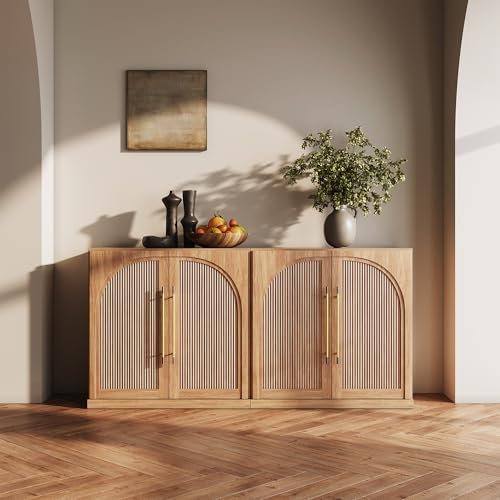 BELLEZE 3 Tier Bookshelf with Double-Arc Door, Set of 2 Modern Bookcase Shelf with Storage and Adjustable Shelves, 65'' Arched Buffet Wood Bookshelves for Living Room Office Entryway (Camel) by BELLEZE