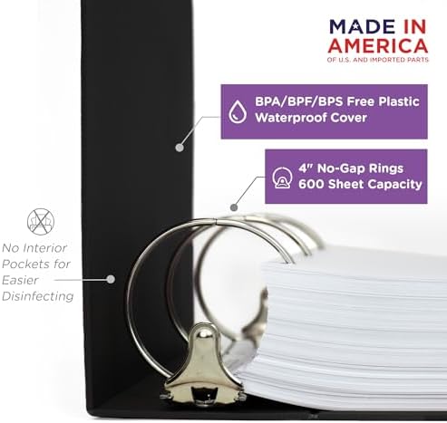 Carstens 4-Inch Heavy Duty 3-Ring Binder - Side Opening, Black, Durable Plastic, No-Gap Rings, Waterproof Cover, No Pockets, Holds 600 US Letter Sheets, BPA-Free, Made in USA (1845-3R), Case of 10 - Image 3