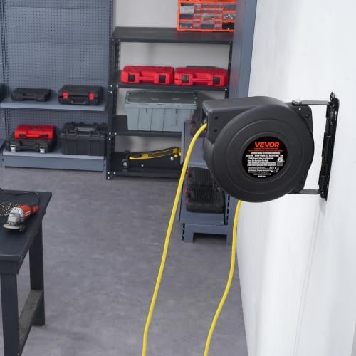 VEVOR Retractable Extension Cord Reel, 50 FT, Heavy Duty 14AWG/3C SJTOW Extension Power Cord with Lighted Triple Tap Outlet, 13A Circuit Breaker 180° Swivel Bracket for Ceiling or Wall Mount, Yellow - Image 6