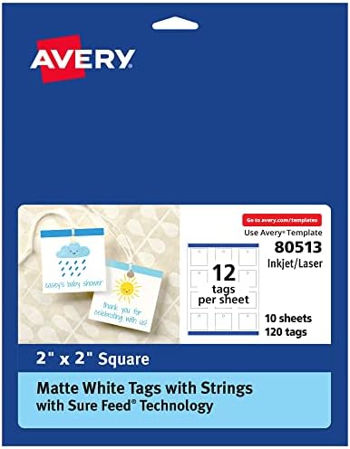 Avery® Square Tags, Sure Feed® Technology, 2" x 2", Matte White, Strings Included, 120 Total, Print-to-the-Edge, Laser/Inkjet Printable (80513) by Avery