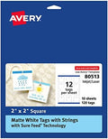 Avery® Square Tags, Sure Feed® Technology, 2" x 2", Matte White, Strings Included, 120 Total, Print-to-the-Edge, Laser/Inkjet Printable (80513) by Avery