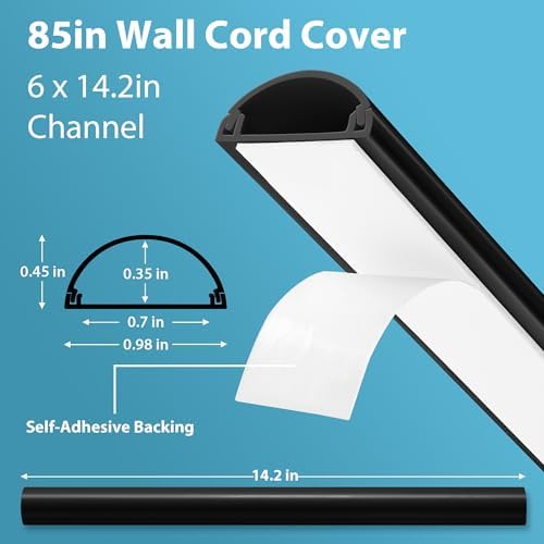 ZhiYo 85in Cord Covers for 1-2 Wires on Wall, D-Shaped 1" W x 0.4" H, Black - Image 2