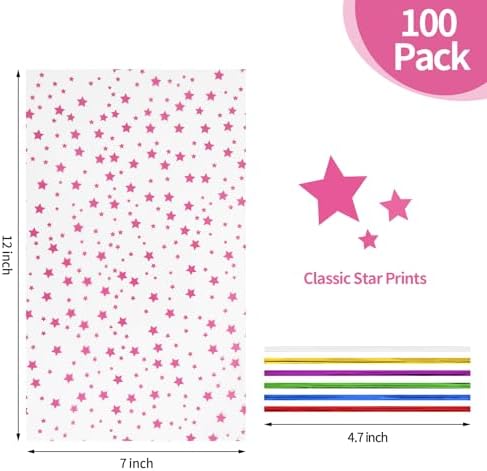 COQOFA 100 Pcs Pink Star 7"X12" Gift Wrap Cello Cellophane Treat Bags Party Favor Bags Clear Candy Cookie Plastic Poly Goodie Storage Bags with Twist Ties for Baby Shower, Gender Reveal, Birthday - Image 2