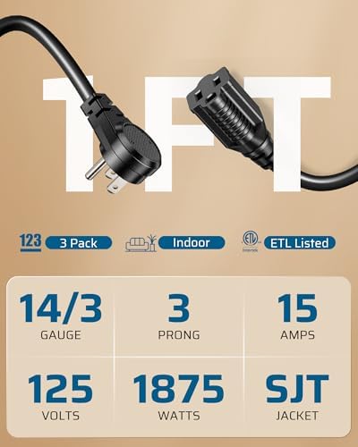 DEWENWILS 1FT Short Extension Cord, Flat Head Extension Cord Indoor with 3 Prong, Low Profile Power Cable SJT 14 AWG Flexible Power Cord for Home Kitchen, ETL Listed, 3 Pack - Image 2