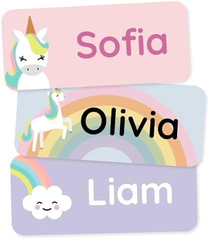Personalized Name Labels for Kids (60) – Clothing Labels & Daycare Labels – Custom Waterproof Stickers for School Supplies - Unicorns by Teddylabels