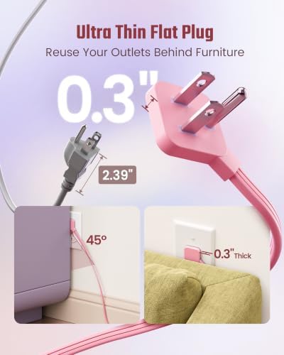 SUPERDANNY Pink Extension Cord 10Ft, Flat Plug Power Strip Surge Protector - Image 4
