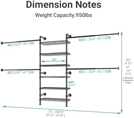 Timate S3X Expandable Wall Mounted Clothes Rack with 6 Adjustable Shelves & 4 Expandable Hanger Rods, Heavy Duty Industrial Pipe Clothing Rack for Hanging Clothes, Fits Spaces 5'11"- 8'10", Black - Image 3