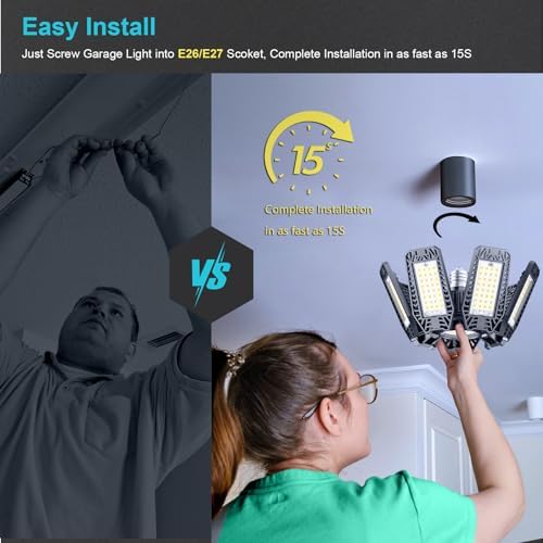 LED Garage Light 2 Pack - 200W 20000LM 6500K LED Garage Ceiling Lights with 7+1 Adjustable Panels, Shop Lights Screw in E26 E27 Bulb Socket for Workshop, Storage Room, Basement, Warehouse - Image 6