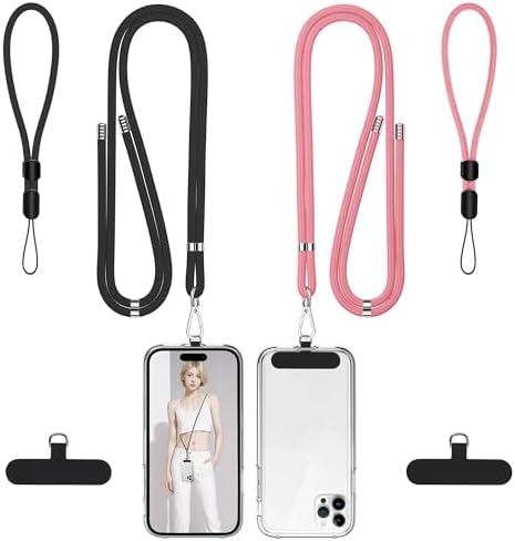 takyu 2 Pack Adjustable Cell Phone Lanyard & 2 Pack Phone Wrist Strap with Tether Tabs Compatible for iPhone Android Smartphones - Black Pink by Takyu