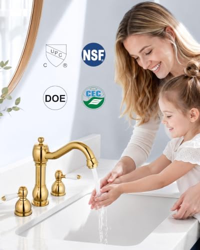 Aolemi Widespread Bathroom Sink Faucet 3 Hole White Lever Polish Gold - Image 4