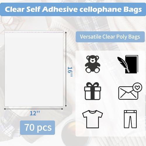 70 Pack 12x16" Clear Cellophane Bags for Shirts, Gift Wrapping, Artwork - Image 2
