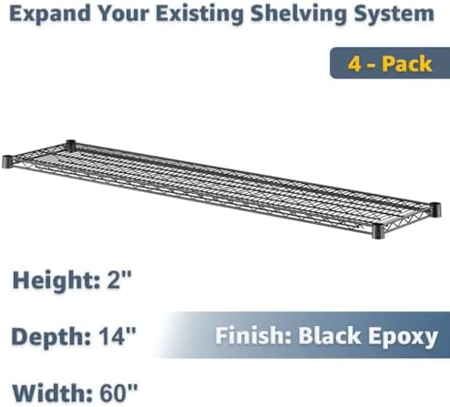 4-Pack 14"x60" Wire Shelf Black | Metal Storage Rack Add-On Shelves Replacement Parts Kit - Image 2