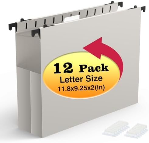 SHUTEX Extra Capacity Plastic Hanging File Folders, 12 Pack, Letter, Grey by Shutex