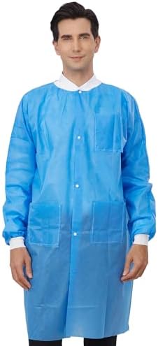 Greenour Disposable Lab Coat Blue SMS with Pockets for Adult, M-2XL - Image 2