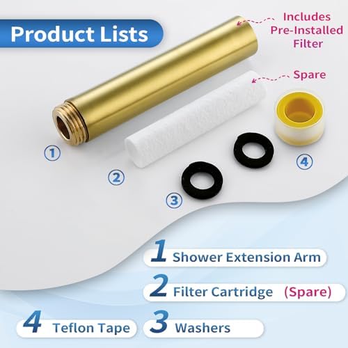4" Showerhead Extension Arm w/PP Filter Cartridge, 4 Inch 304 Stainless Steel Brushed Gold Shower Arm Extender, Traps Sediment & Rust, Prevents Clogging, Extends Showerhead Life in Hard Water Area - Image 5
