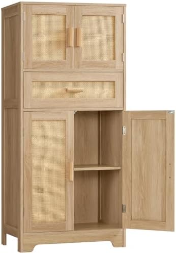 TEENFON 47.2" H Tall Storage Cabinet with Adjustable Shelf, Rattan Cabinet, Cupboard for Living Room, Dining Room, Entryway, Home Office, Natural by TEENFON