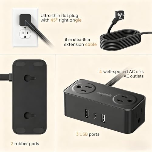 SMALLRT 16.5FT Long Flat Plug Extension Cord Indoor,Power Strip with USB C - Image 5