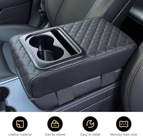 Car Center Console Armrest Pillow, 14"×8.3" Leather Memory Foam Armrest Cushion with Cup Holder & Phone Holder, Waterproof & Anti-Scratch Arm Rest Protector, Universal for Most Cars (Black) - Image 3