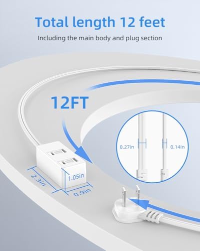 Flat Plug Extension Cord 2-Packs 12Ft White - 2-Prong Power Strip with 3 Polarized Outlets & Tamper Guard, 16/2 AWG 13A/1625W - Image 6