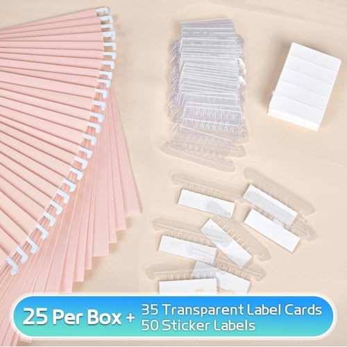 25-Pack Pink Hanging File Folders, Letter Size with 1/5-Cut Tabs, 35 Transparent Label Cards & 50 Sticker Labelsfor Home & Office Organization - Image 3