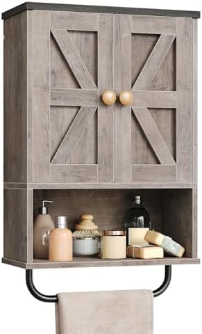 CHOEZON Bathroom Wall Cabinet, Medicine Cabinet with Open Partition and Towel Bar, Rustic Storage Cabinet with Open and Hidden Storage Space, for Bathroom, Living Room, Greige and Charcoal Black by Choezon