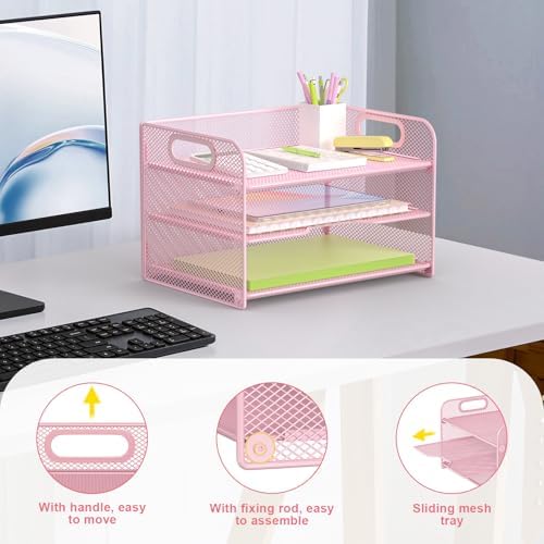 Samstar 3 Tier Pink Letter Tray Paper Organizer with Handle, Mesh Desk Organizer Paper Sorter File Rack Shelves, Pink - Image 3