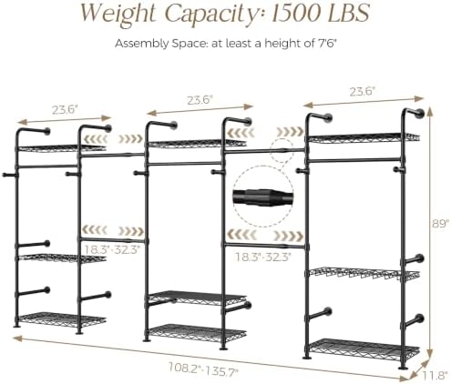 Closet Organizers Wall Mounted Closet System, 5-Row Heavy Duty Garment Clothes Rack, Industrial Pipe Clothing Rack with 4 Telescopic Rods, 3 Fixed Rods, 6 Hooks, 7 Shelves & 2 Pants Hangers for Rooms - Image 2