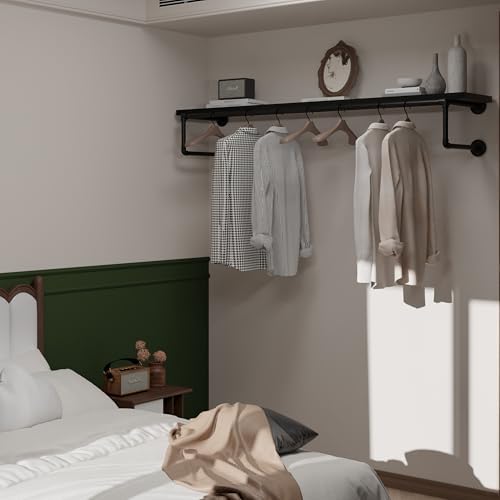 Clothes Rack 60in, Wall Mounted Garment Racks with Black Solid Wood Shelf, Heavy Duty Hanging Clothes Rack, Multi-Purpose Hanging Rod, Space-Saving Closet Storage - Image 3