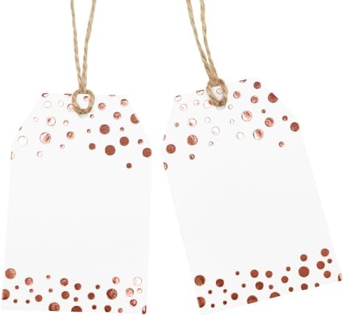 100Pcs Rose Gold Gift Tags with String Attached, ASYEHJNR Foil Rose Gold Dot Large Gift Bag Tags Presents with 65 FT Jute Twine, White Paper Gift Tags for Baby Shower, Wedding, Birthday Gift Wrap Tags by ASYEHJNR