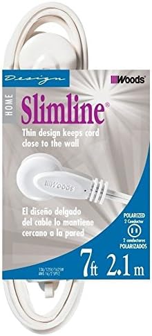 Woods Slimline 16/2 Flat Plug Extension Cord, 7ft, White, 2236 by Woods