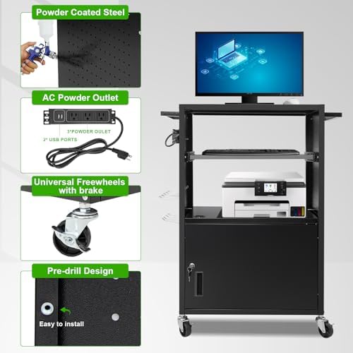 AV Cart, Computer Carts with Wheels and Power, Steel Cart with Locking Cabinet & Pullout Keyboard Tray, Projector Media Carts with Side Pegboard & 12 Hooks for School Office, Black - Image 4