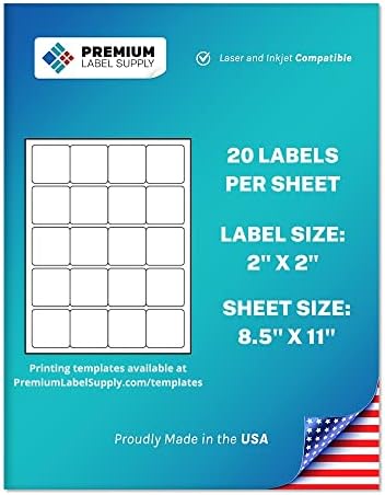 Premium Label Supply White Sticker Square Labels – 2" x 2" – Laser/Inkjet Compatible – (20 per Sheet), 100 Sheets – 2000 Total Adhesive Labels by PremiumLabelSupply