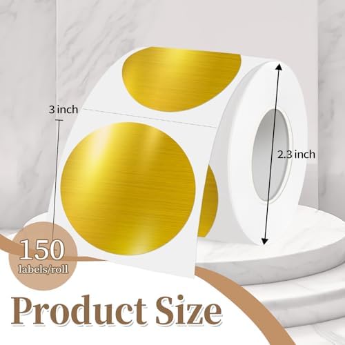 3 Inch Holographic Thermal Labels,Round Thermal Printer Labels,Waterproof Thermal Printer Stickers for DIY Logo Design,Name Tag,QR Code,Thanks Card 150 Labels/Roll (Brushed Gold) - Image 2