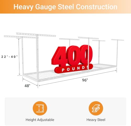 2x8ft Overhead Ceiling Garage Storage Rack, 400LBS Capacity, White - Image 3
