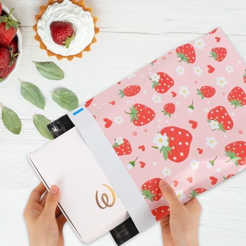 JarThenaAMCS 100Pcs Strawberry Poly Mailers 10 x 13 Inch Pink Fruit Packaging Bags Self Seal Mailing Envelope Bags for Summer Small Business Clothing Gift - Image 5