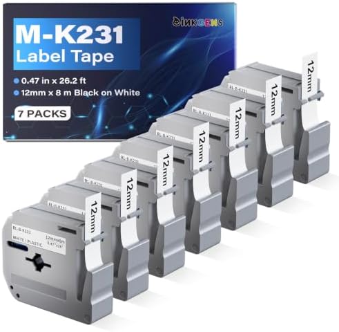 M-K231 Label Tape 12mm 0.47" Black on White Replace for MK231 PT-M95 M-231 M231 M-K231s PT-65 PT-80 PT-70 PT-45 PT-90 Label Makers, 7 Pack by Unknown