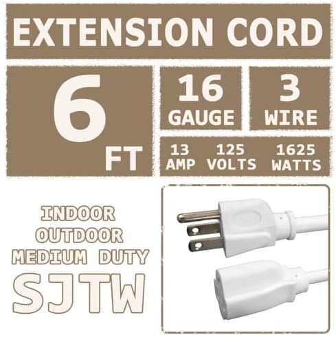 Indoor Outdoor Extension Cord 6 FT Waterproof, 16/3 Gauge Heavy Duty White Extension Cords, 13A 1625W SJTW Extension Cord with 3 Prong Grounded Plug, Great for Tools, Lights, UL Listed, 2PK - Image 2