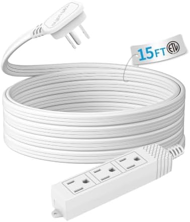 TiFFCOFiO Flat Plug Outlet Strip, 15 Feet Extension Cord 3 Prong, 3 Grounded Outlets with Mounting Holes, 13A/1625W, 16 AWG by TiFFCOFiO