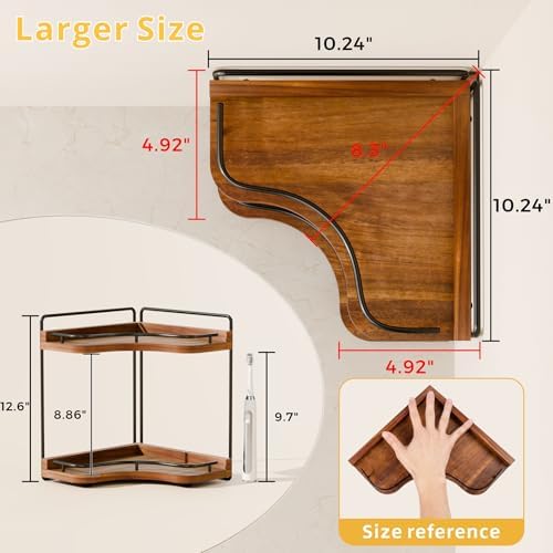 2-Tier Corner Bathroom Counter Organizer, Larger, Acacia Wood - Image 3