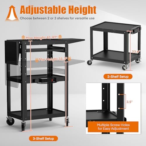 All-Steel Rolling AV Cart with Adjustable Height & Built-in Power – Heavy-Duty Media Workstation with Drop-Leaf Shelves & Wheels for Projectors, Laptops, Printers – Classroom, Office & Studio, Black - Image 6