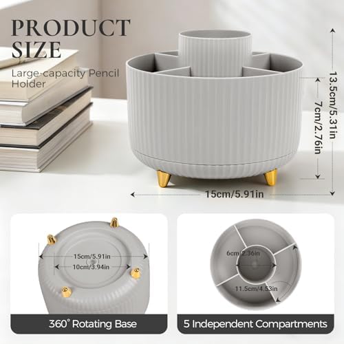 KONVINIT Pencil Pen Holder for Desk, 5 Slots 360-Degree Rotating Desktop Organizer, Cute Desk Organizers and Accessories for School, Home, Office and Art Supply, Grey - Image 2