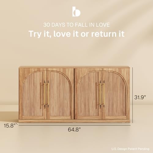 BELLEZE 65 Inch Sideboard Cabinet with Double-Arc Wood Doors, Large Buffet Cabinet with Storage and Adjustable Shelves, Classic Modern Console Table for Dining Room Living Room Entryway (Camel) - Image 2