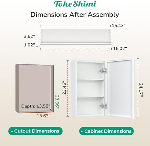 TokeShimi 16 x 24 White Medicine Cabinet for Bathroom, Assembly Required, Recessed Medicine Cabinet with Mirror, Stepless Adjustable Shelves, HD Tempered Mirror, DTC Hinge - Image 2